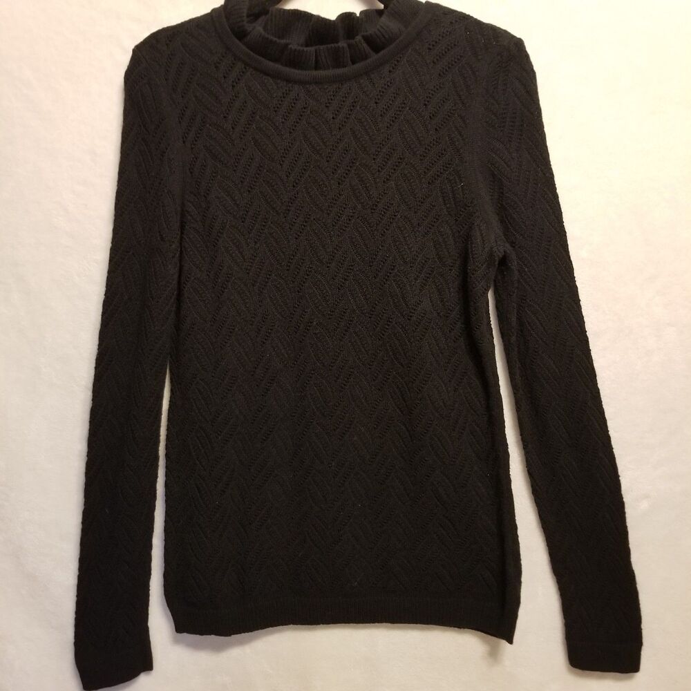 Talbots M Sweater Black Ruffle Neck Wool Blend Open Knit Preppy Office Feminine